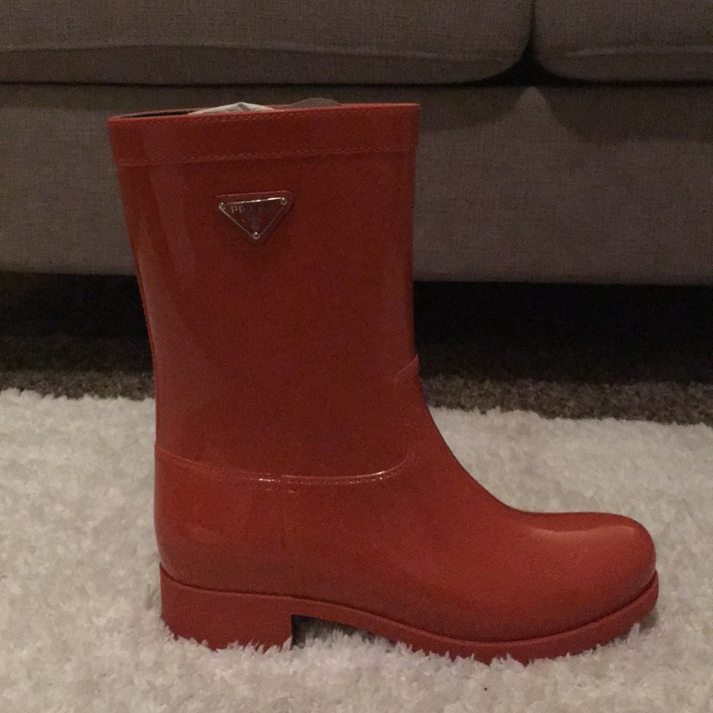 Prada Glossy Orange-Red Mid-Calf Rain Boot